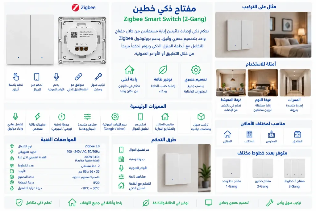 Smart Zigbee 2-Gang Light Switch - White 7×7
