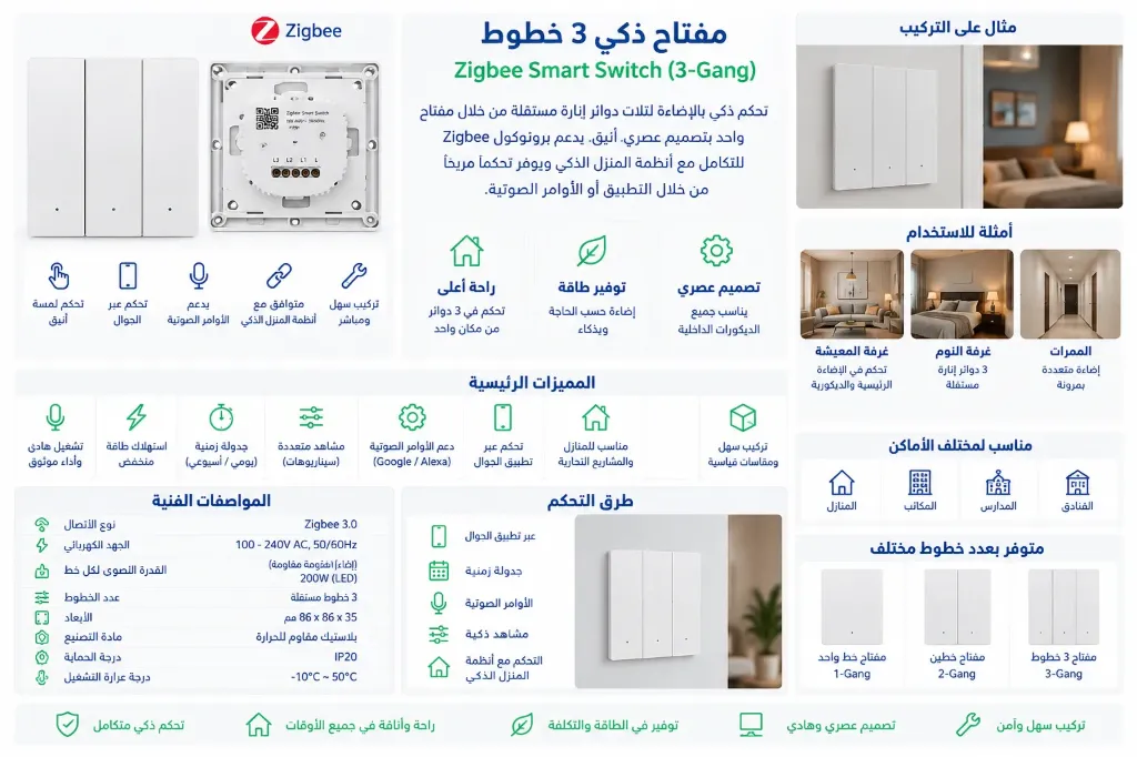 Smart Zigbee 3-Gang Light Switch - White 7×7